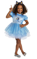 Blue dress costume with character print, cat-ear headband, puff sleeves, tulle skirt