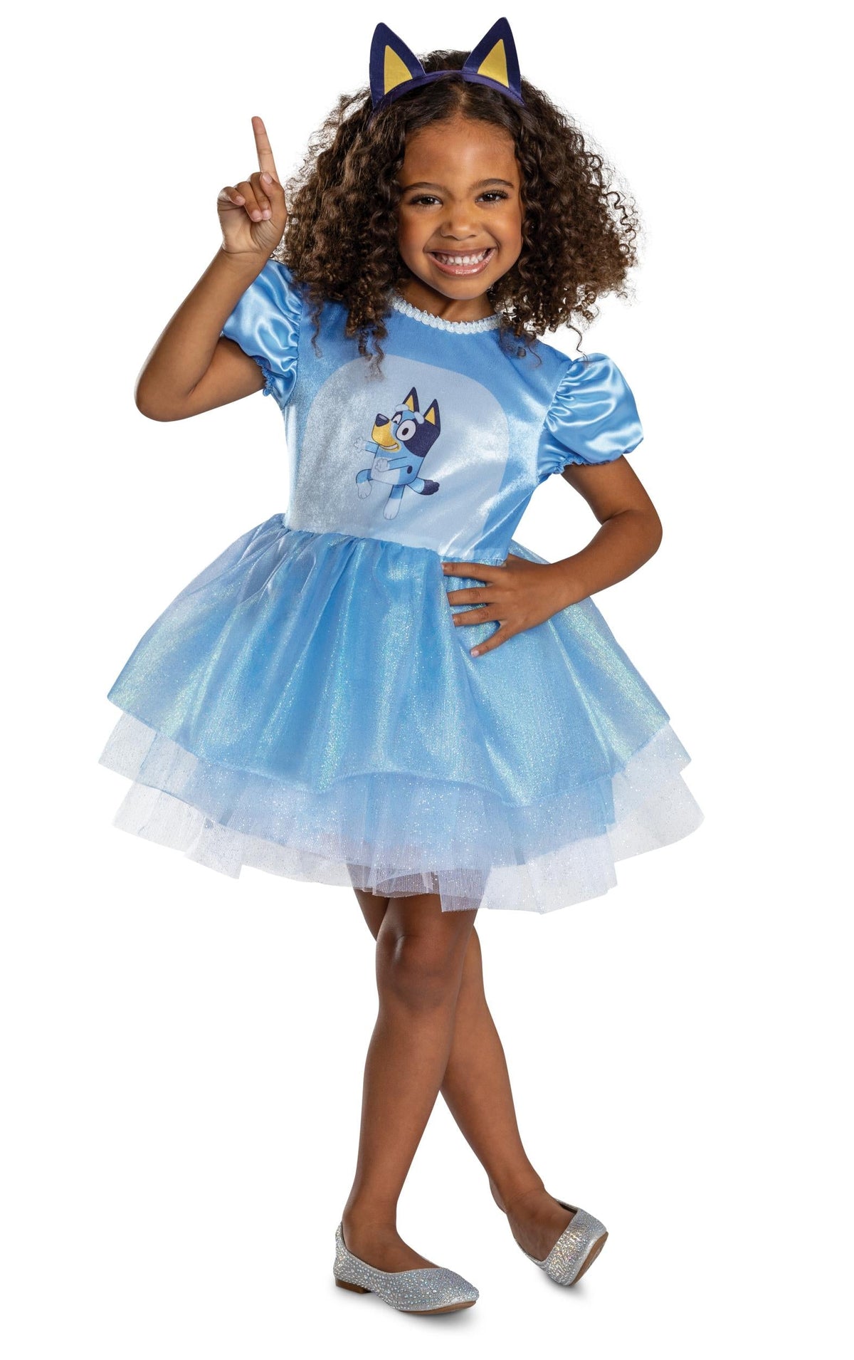 Toddler costume dress in light blue with front graphic and navy cat-ear hood
