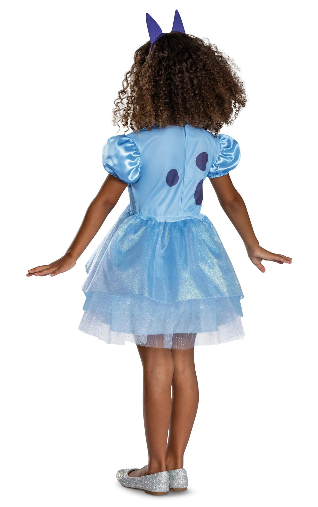 Blue character dress costume with cat-ear headband, puff sleeves, layered tulle skirt