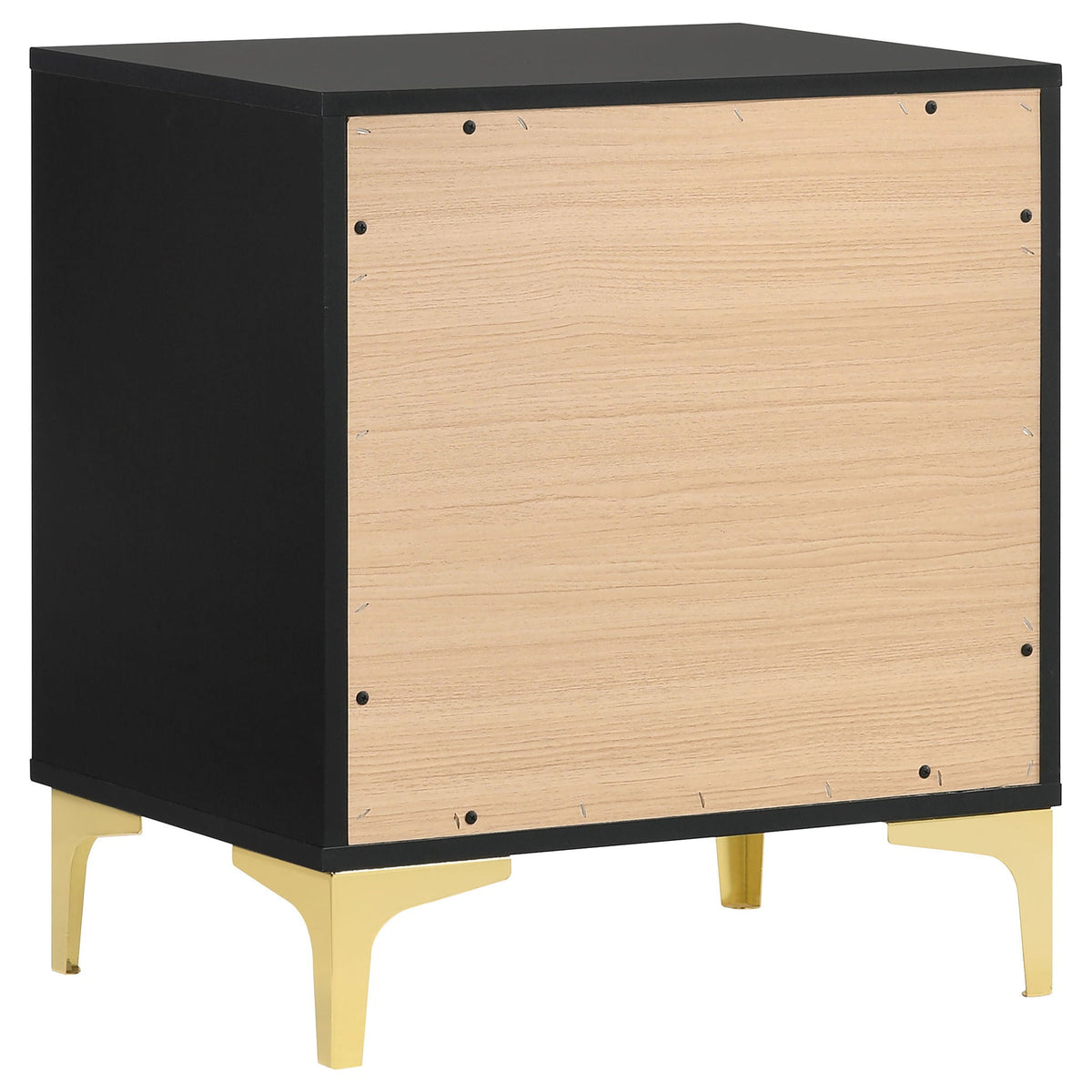 Black dresser cabinet with light wood back panel and gold tapered legs