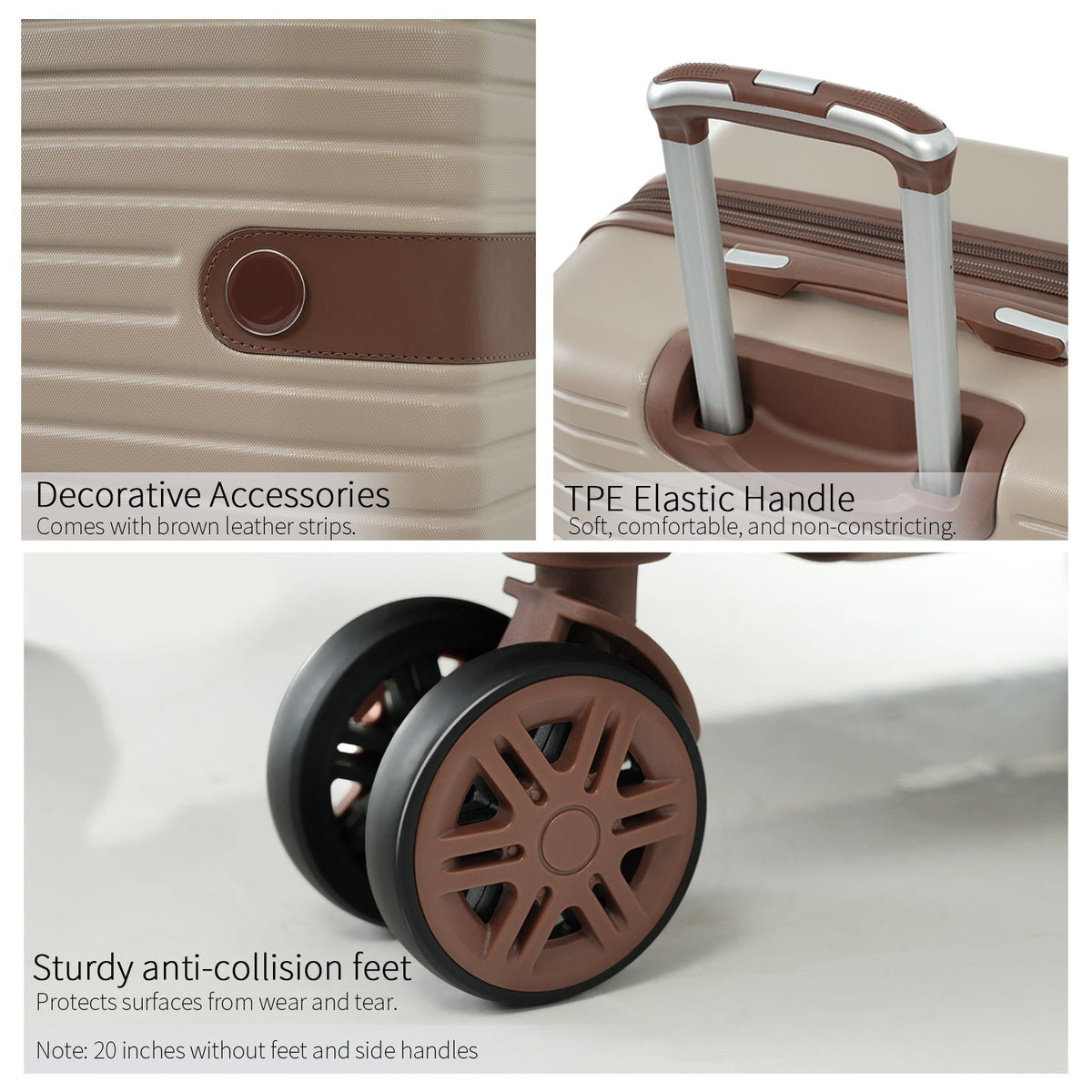 Beige luggage suitcase with brown leather-look trim, telescoping handle, and anti-collision feet