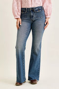 Mid-rise blue flare jeans with front flap pockets and button waistband