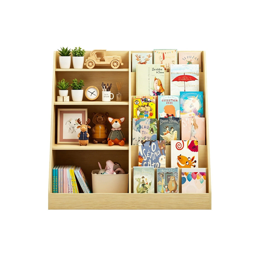 Light wood kids bookshelf organizer with left cubbies and right vertical book slots