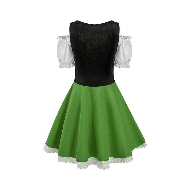 Green beer-themed Halloween costume dress with black bodice, white puffy sleeves, and skirt
