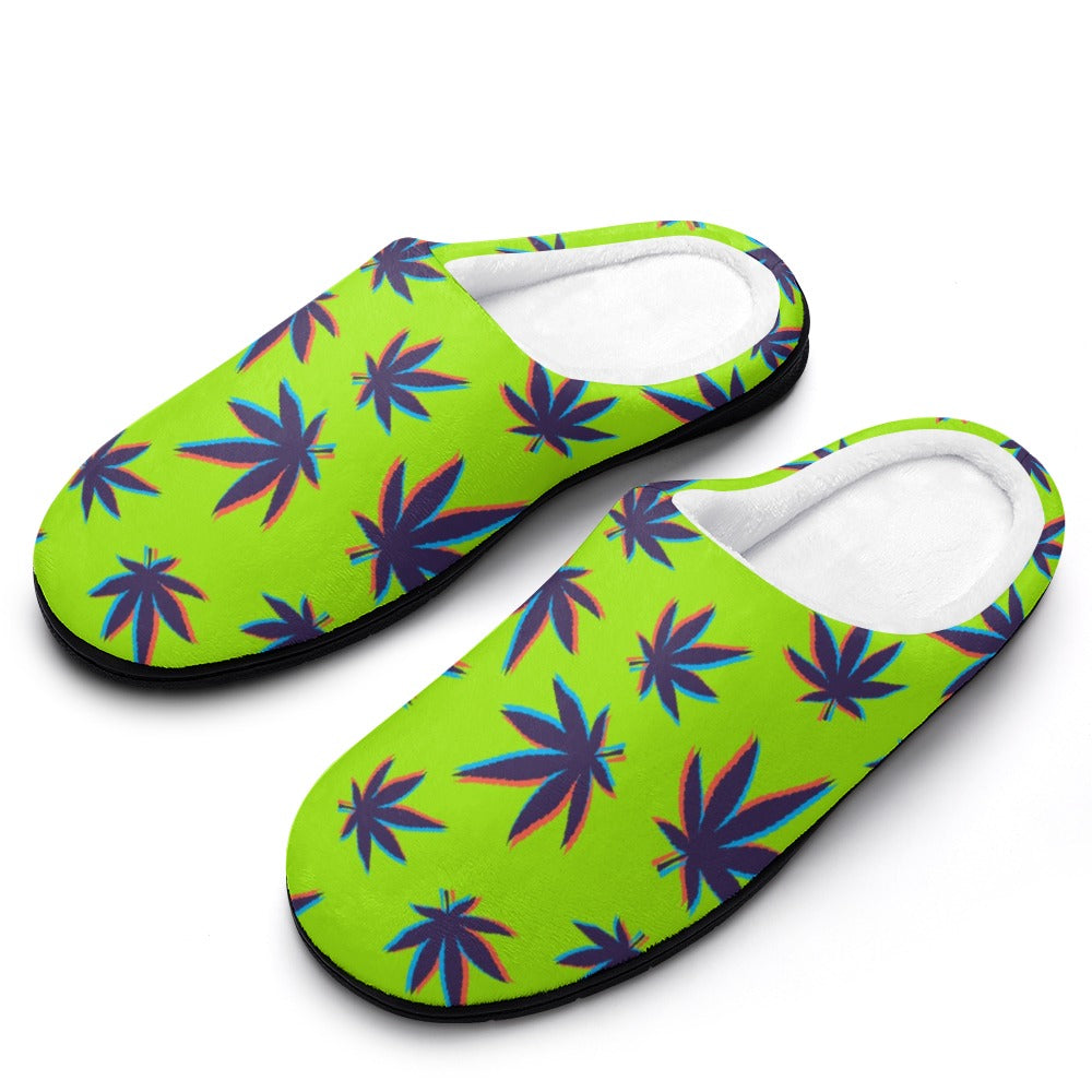 Neon green cotton slippers with colorful leaf/starburst pattern and cushioned lining