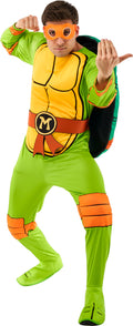 Green and yellow turtle costume jumpsuit with orange shell mask and attached wrist bands