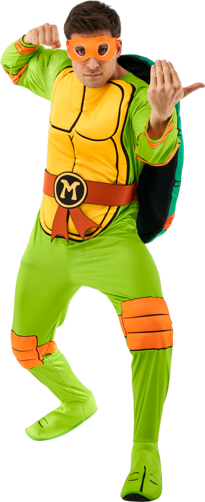 Green and yellow turtle costume jumpsuit with orange shell mask and attached wrist bands