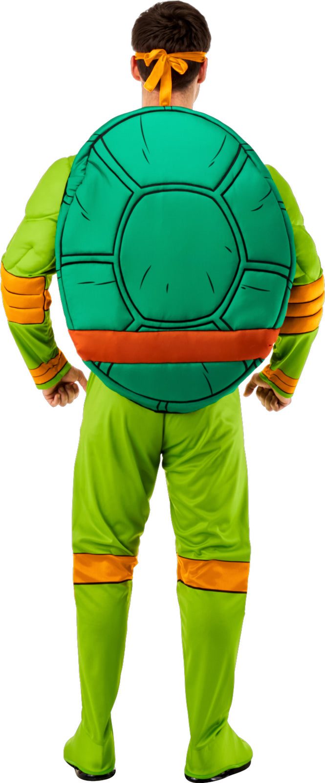 Green turtle jumpsuit with molded teal shell backpack and orange gauntlets and belt