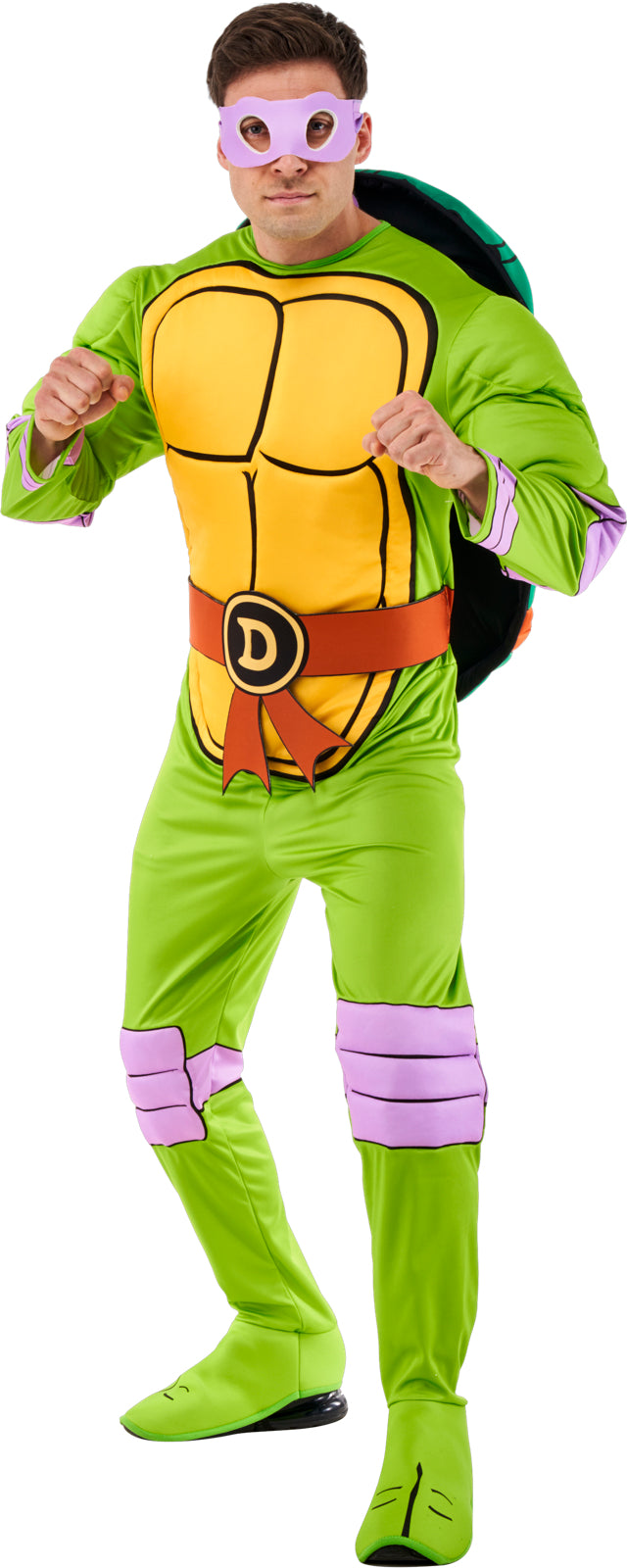Donatello TMNT deluxe adult costume with green jumpsuit, purple mask, orange shell
