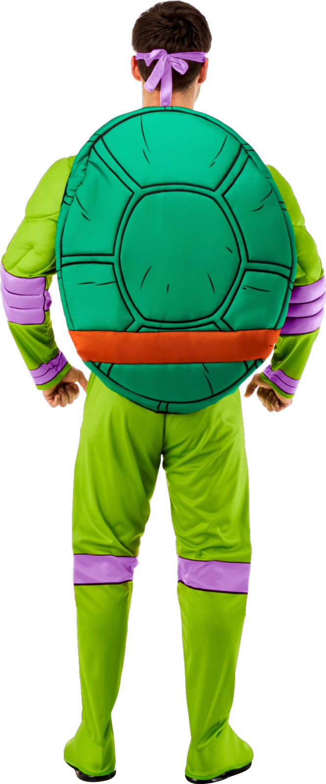Donatello TMNT deluxe adult costume back view with teal shell, green jumpsuit, purple trim
