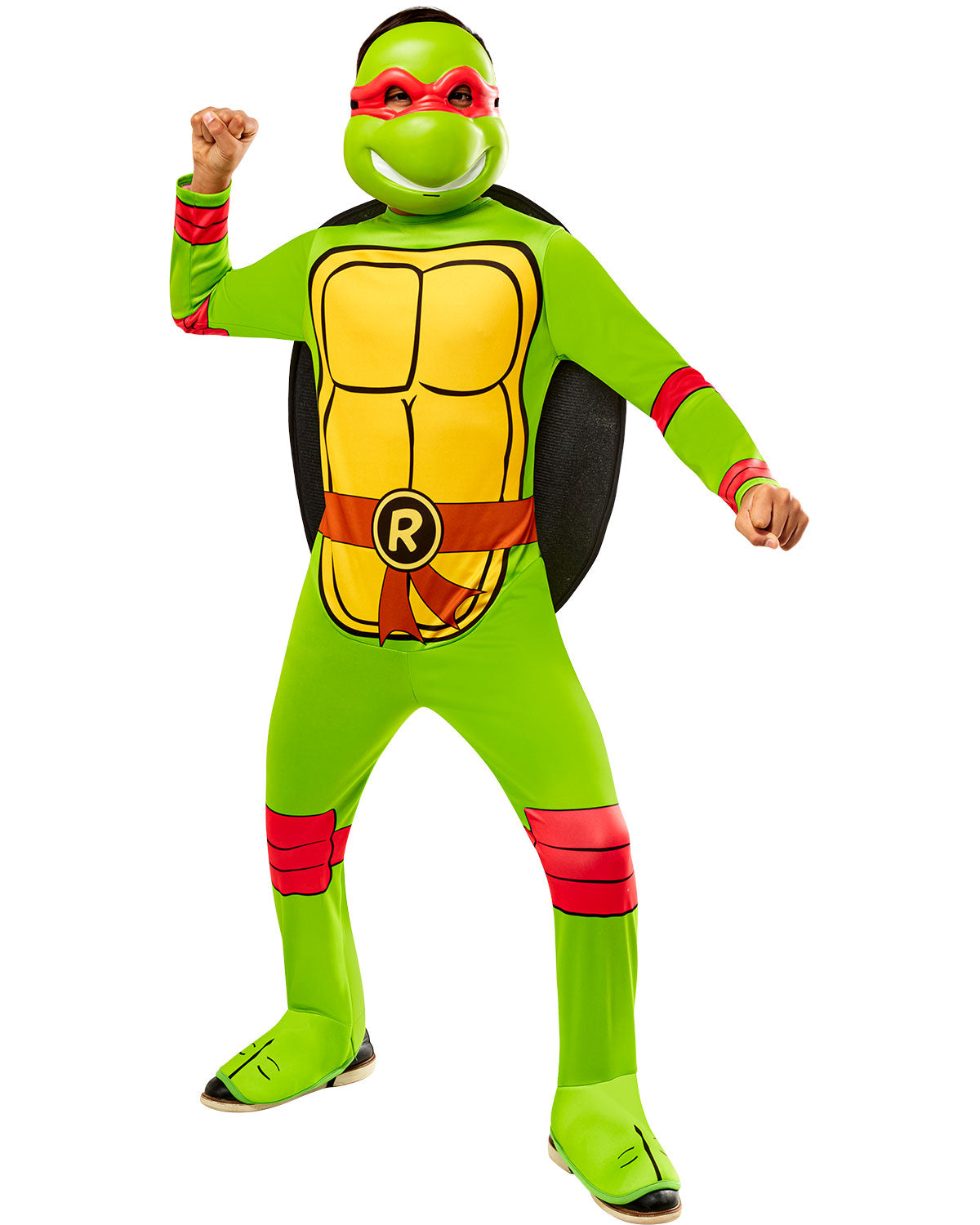 Teenage turtle child costume with green jumpsuit, red accents, and face mask hood