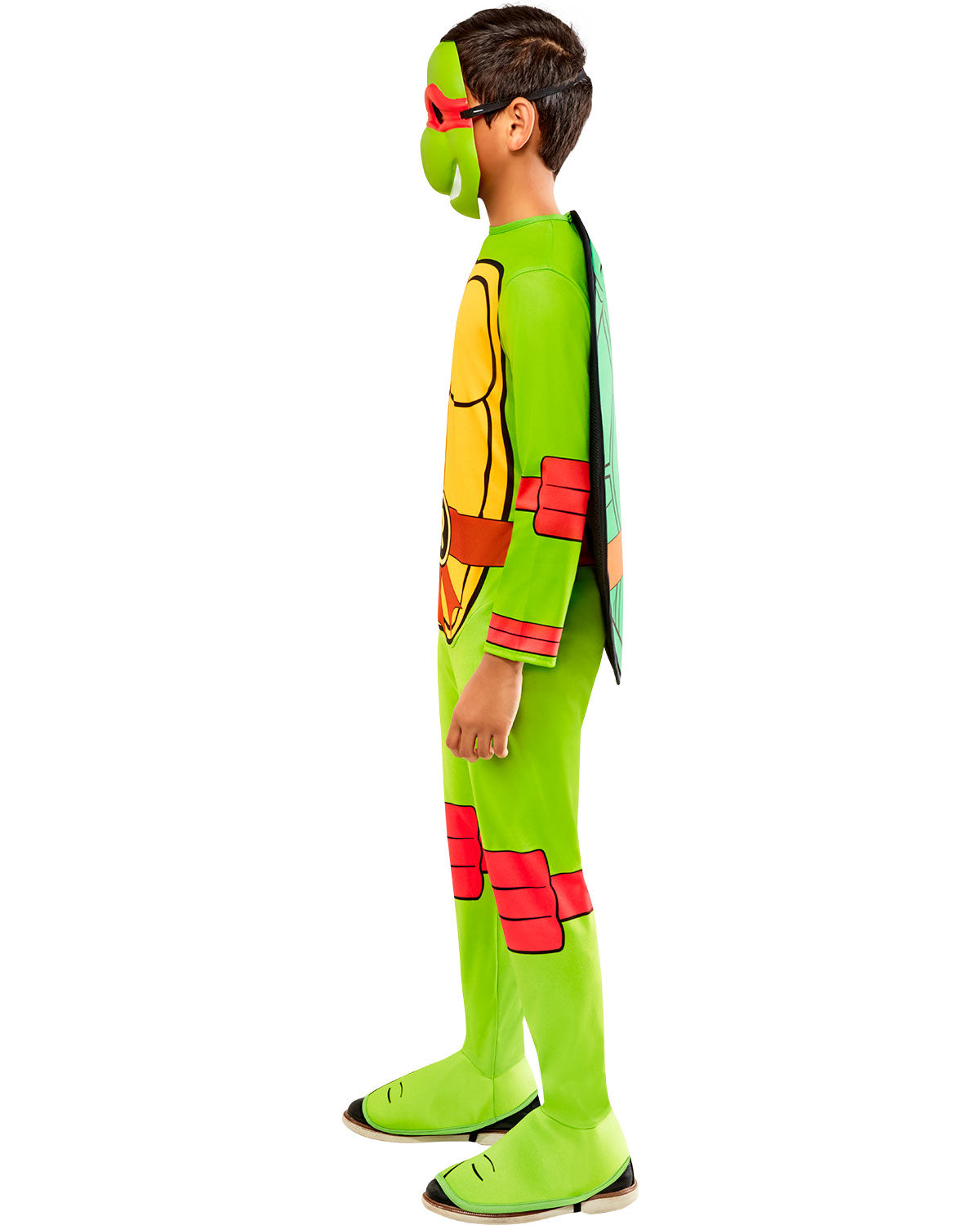Green turtle child costume jumpsuit with red wrist and leg accents, shown from the side