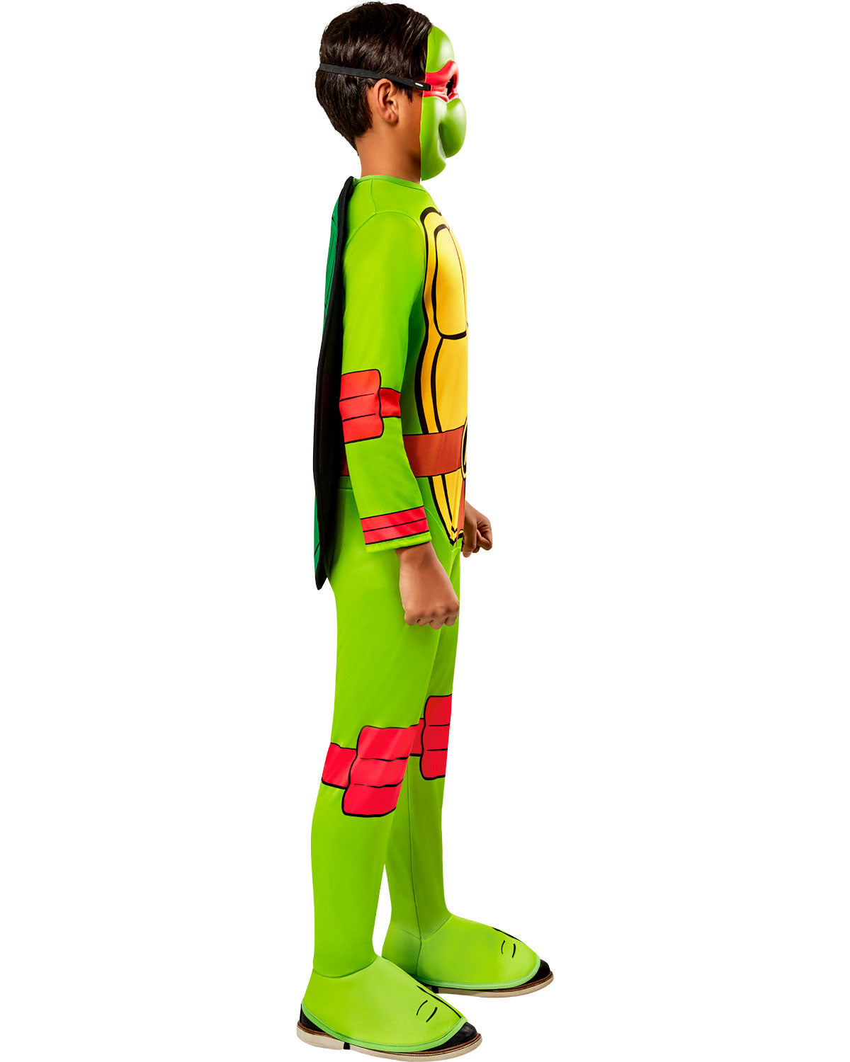Green turtle child costume with shell chest panel, red accents, and back side view