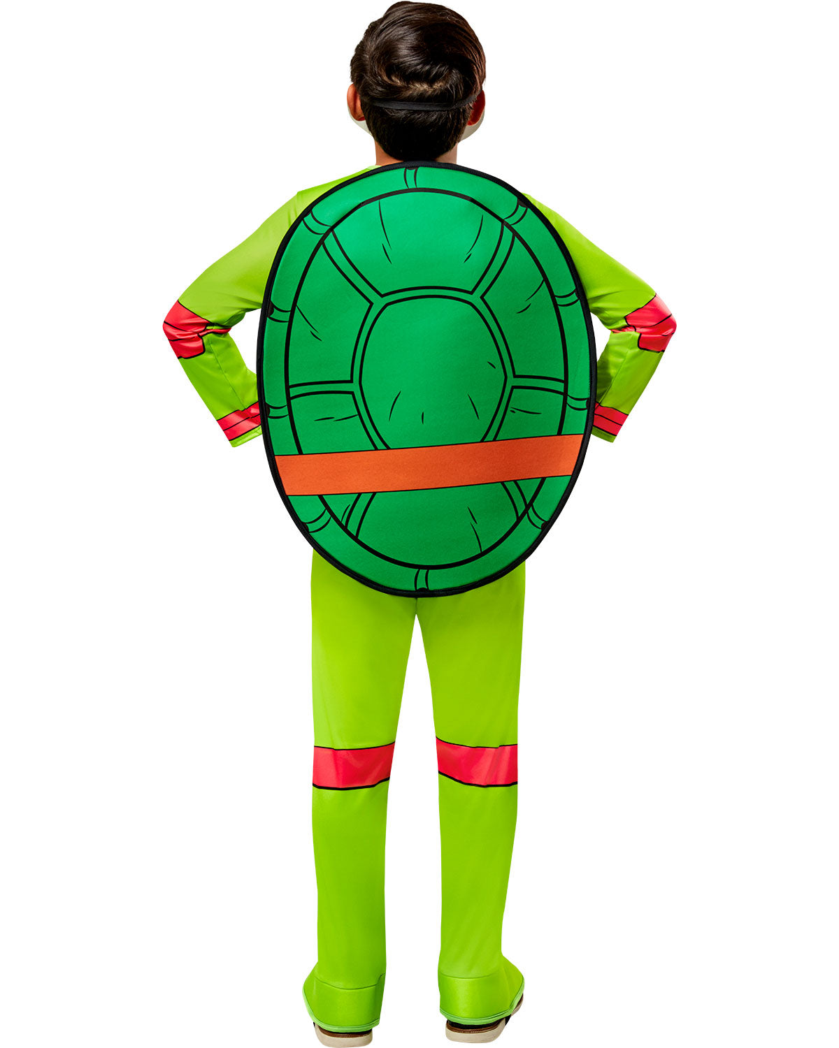 Back view of green turtle child costume with molded shell design and red trim