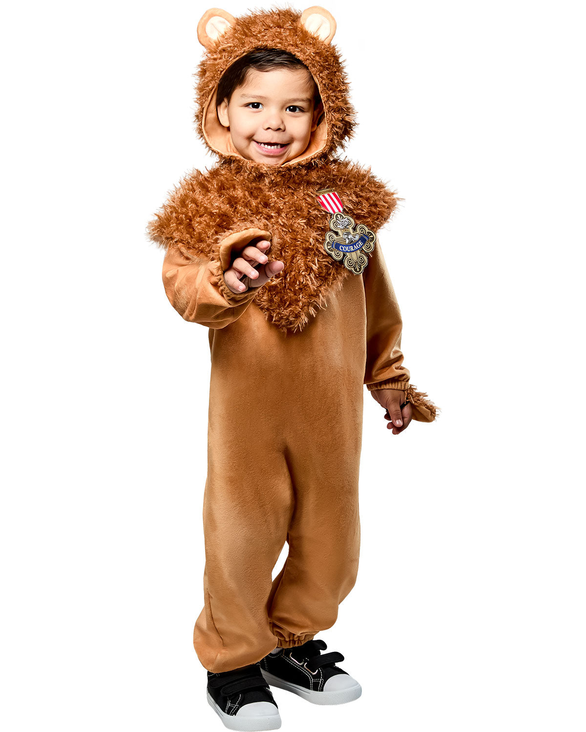 Toddler plush lion costume: brown jumpsuit with furry hood and headpiece ear details