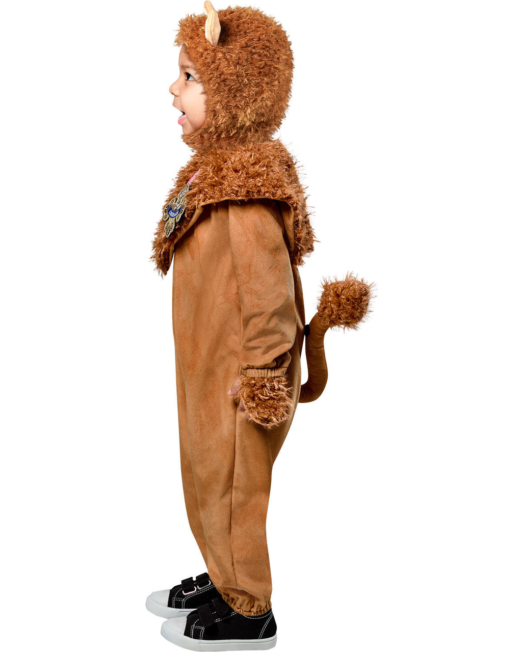 Toddler plush lion jumpsuit with furry headpiece, chest patch detail, side view