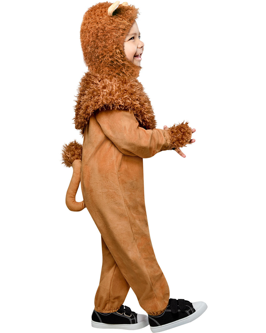 Toddler plush lion costume with furry hood and open side paws, walking pose