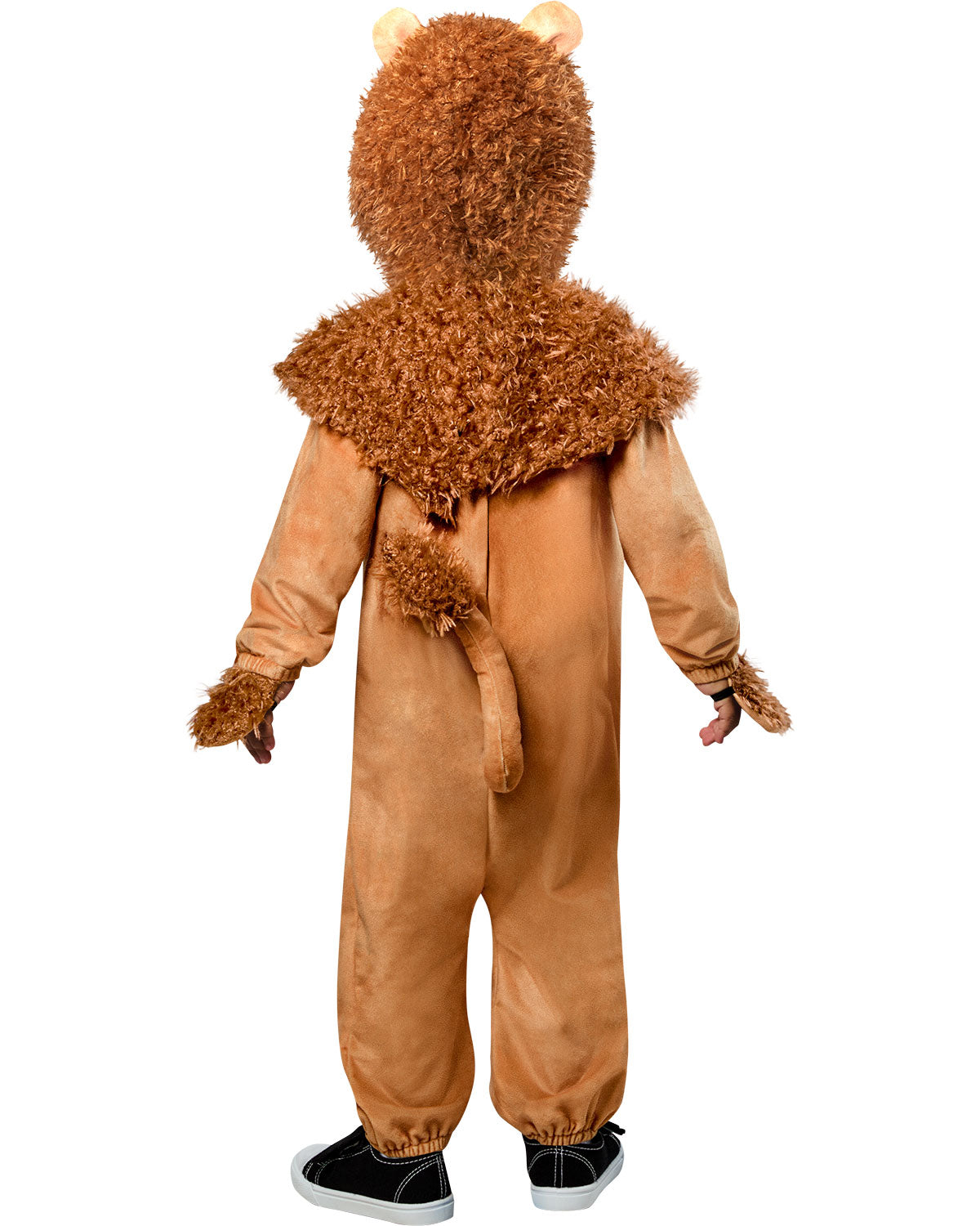 Toddler plush lion costume back view with shaggy fur hood cape and ear details