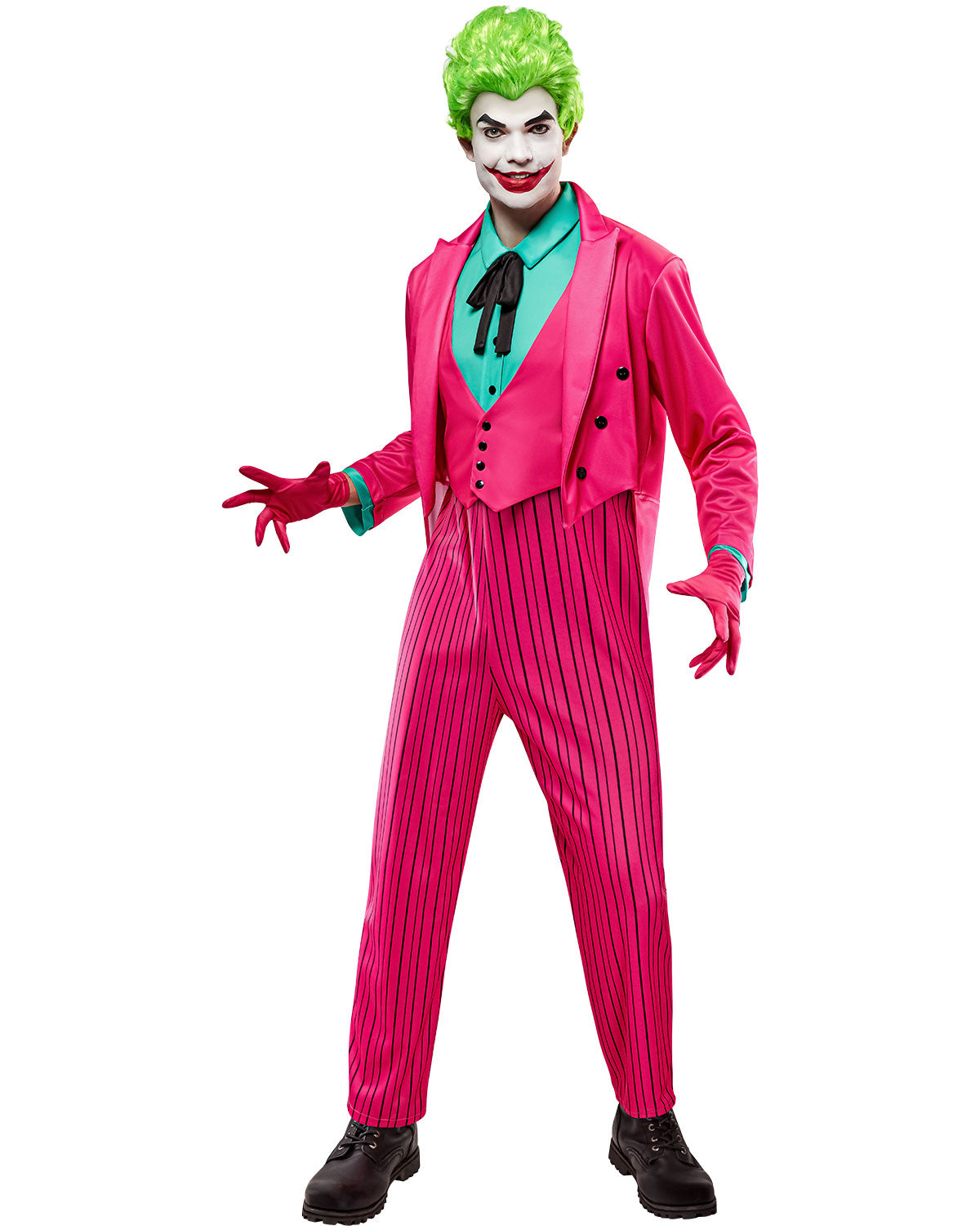 Men's Joker-style costume: pink pinstripe jacket, turquoise vest, striped pants, gloves