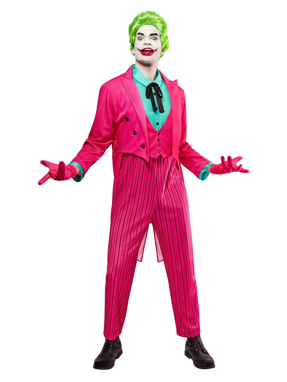 Men's Joker-style costume with pink jacket, turquoise shirt, striped pants, bow tie