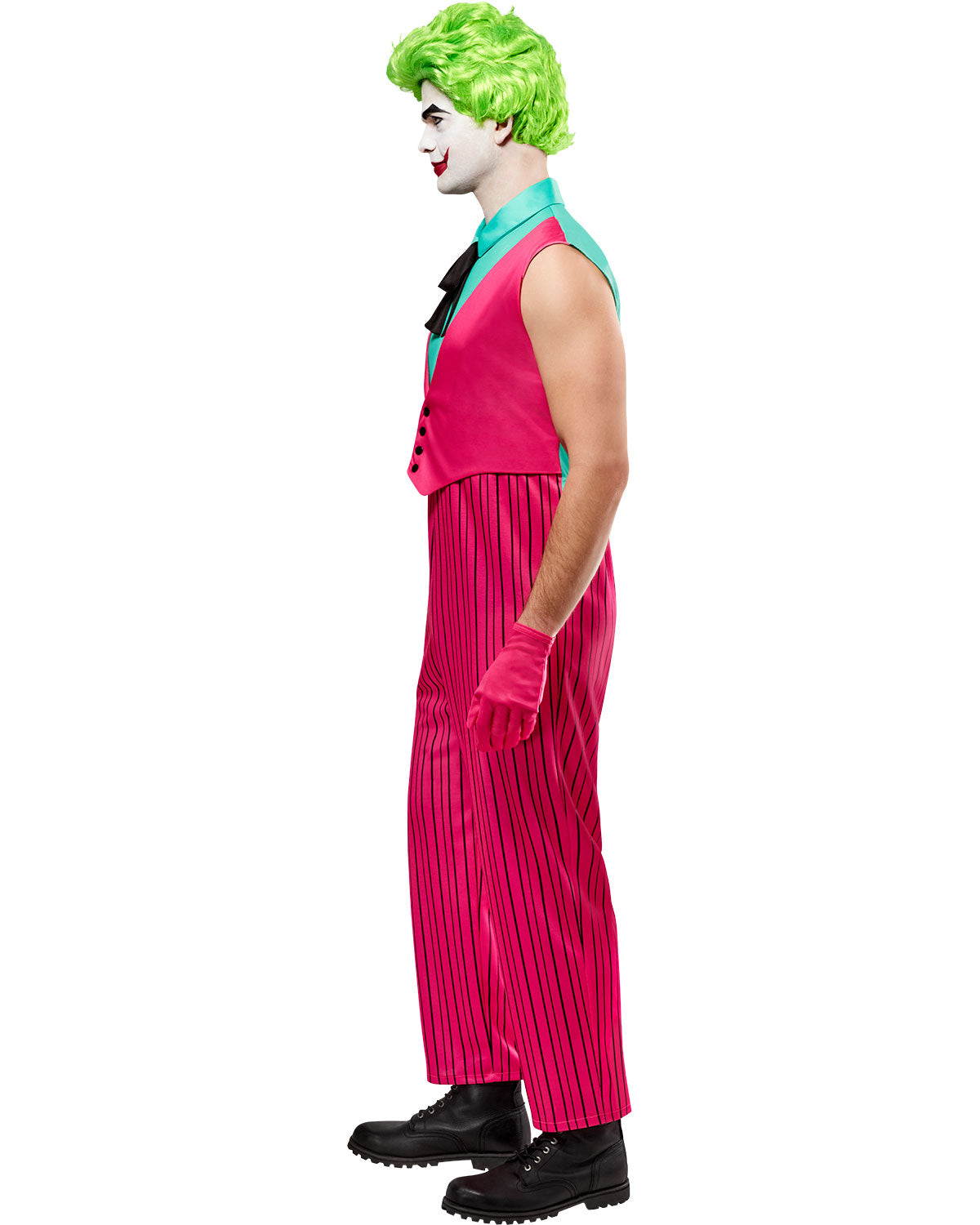 Men's Joker-style costume side: pink sleeveless jacket, turquoise shirt, striped pants