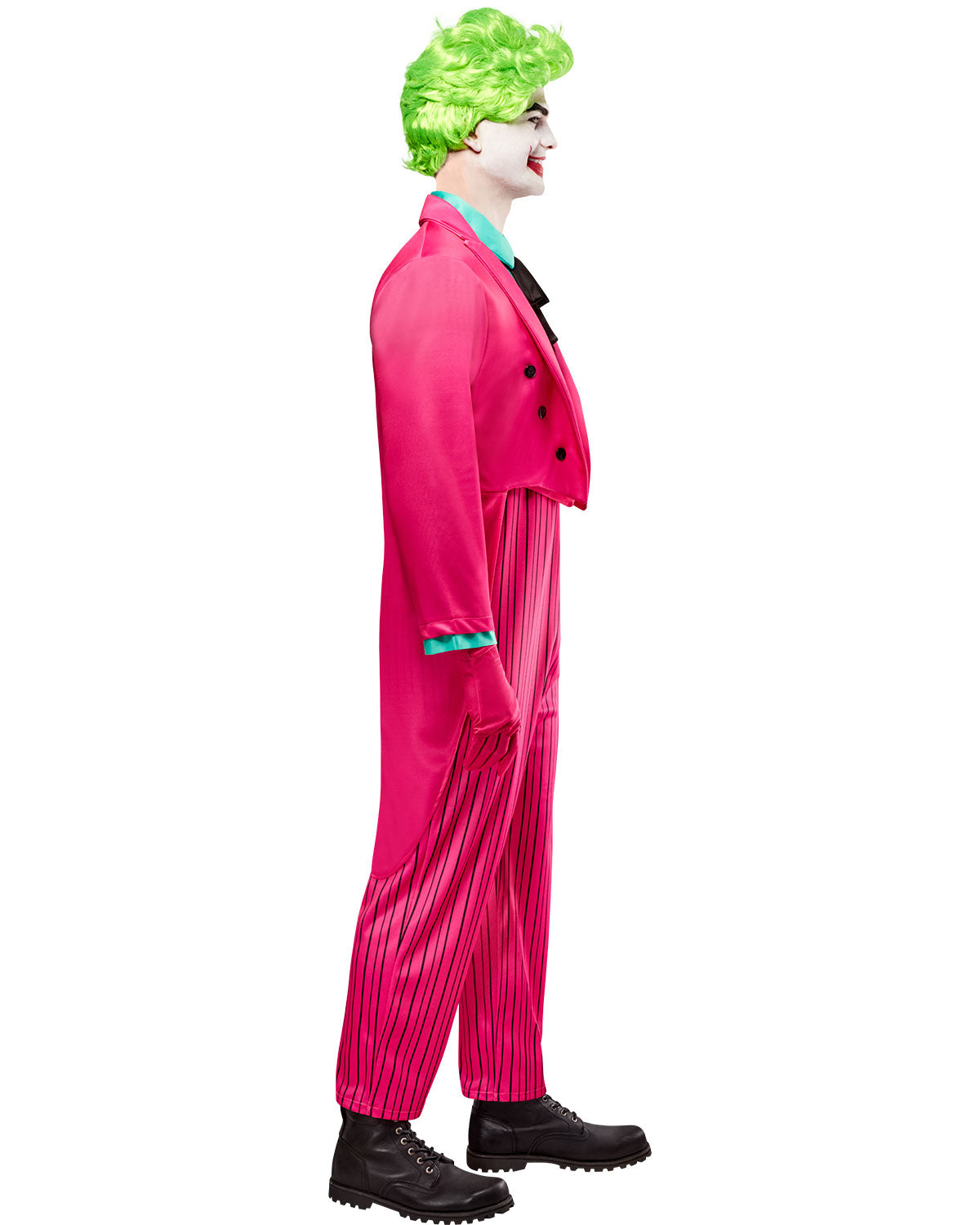 Men's Joker-style costume side: pink jacket with turquoise trim, striped pants, gloves