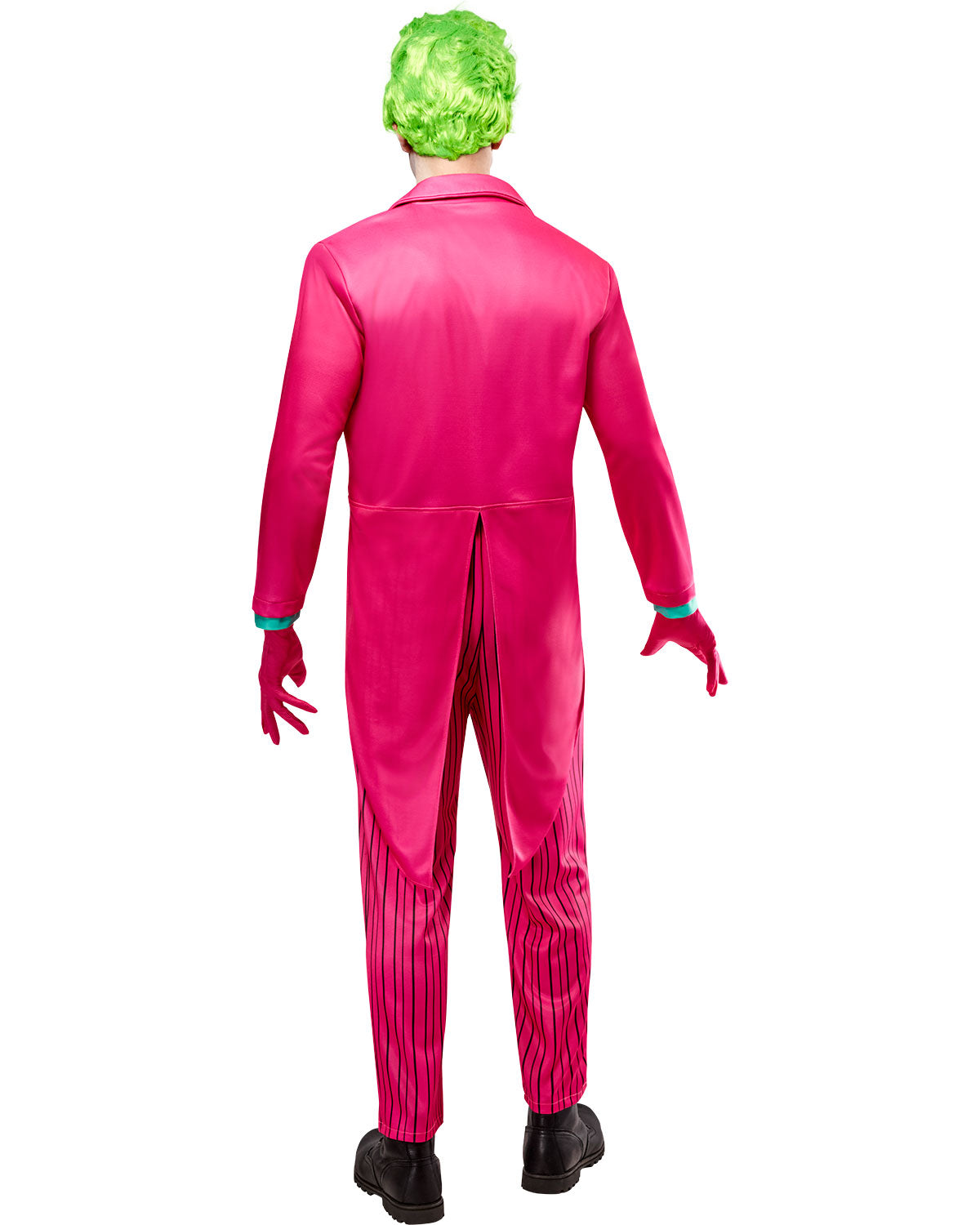 Men's Joker-style costume back: pink jacket and striped pants with back vent