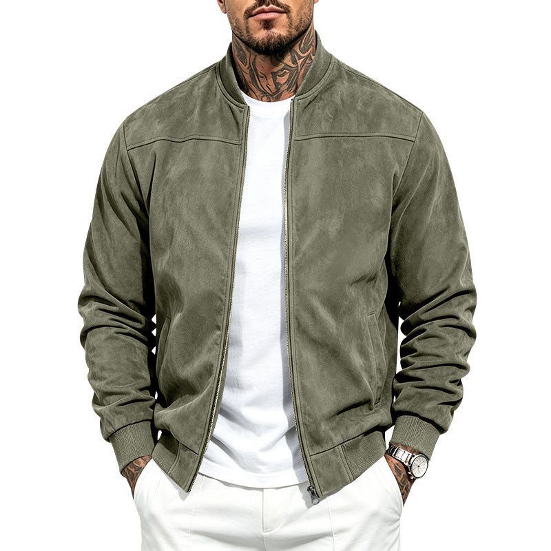 Men's suede zip-up jacket in army green, full front zipper and long sleeves
