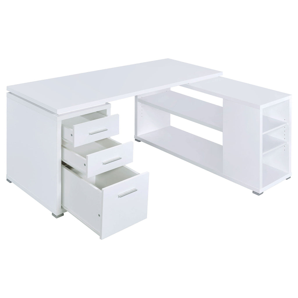 White L-shaped desk with open storage cubbies and pull-out drawer cabinets, corner design