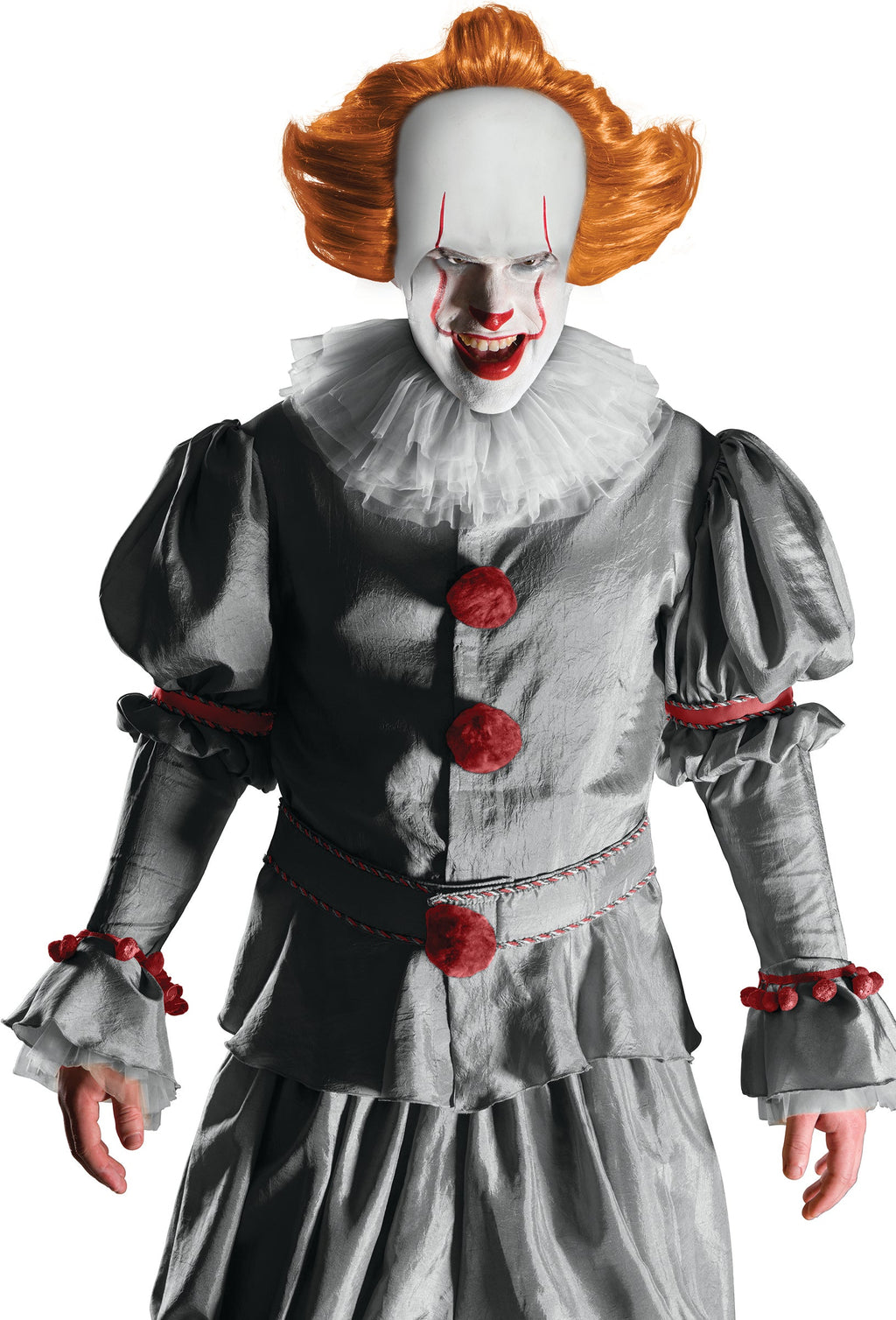 Pennywise makeup kit shown with silver ruffled clown dress, red buttons, and face paint