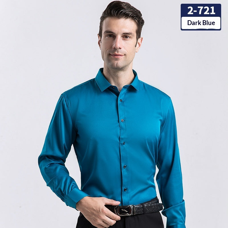 Men's solid dark blue long-sleeve button-up shirt, collared with visible front buttons