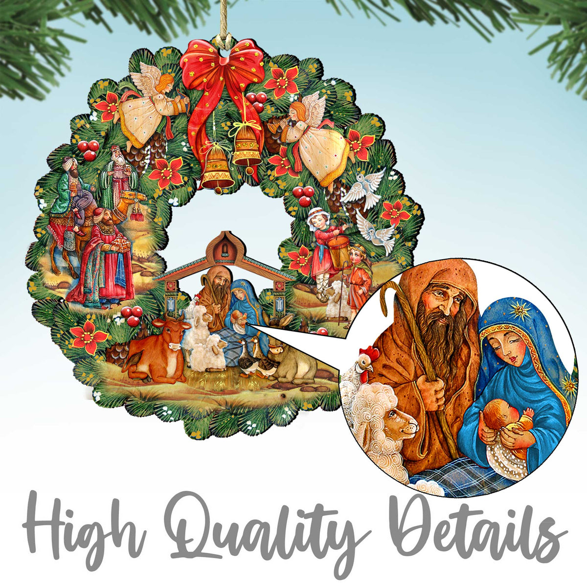 Christmas wreath decoration with nativity scene and inset round ornament detail
