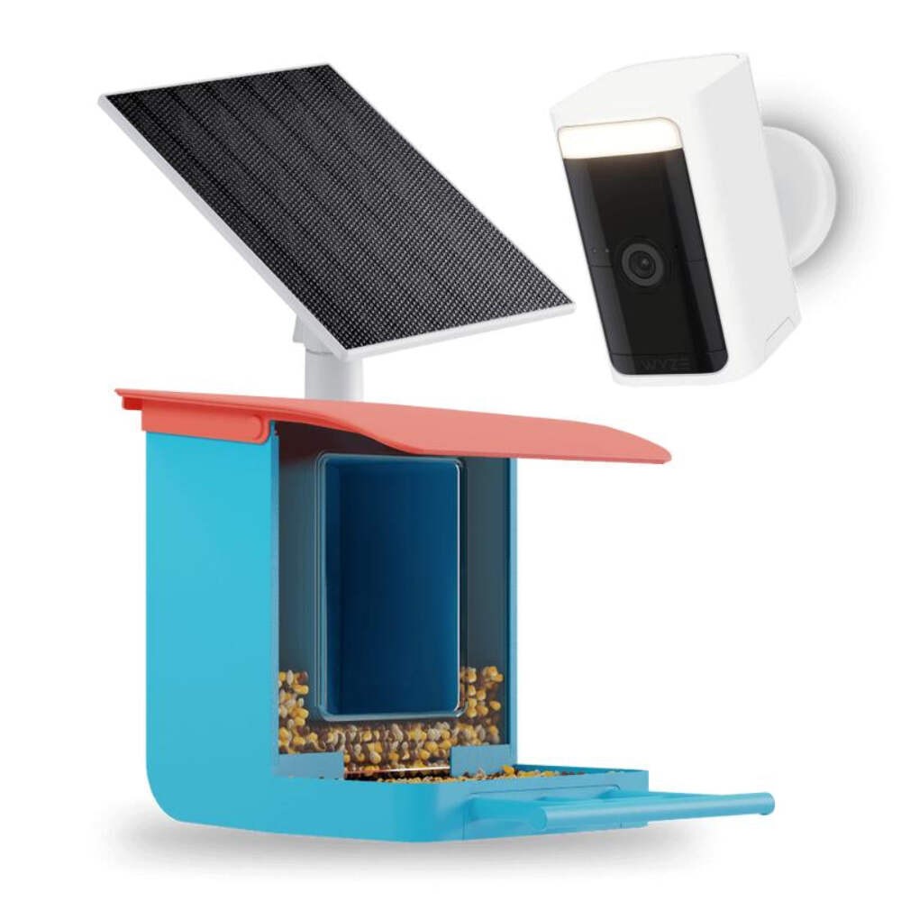 Blue bird feeder with solar panel and separate white wireless camera