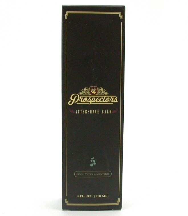 Black aftershave balm box with gold Prospectors logo and “4 fl. oz. (118 ml)”