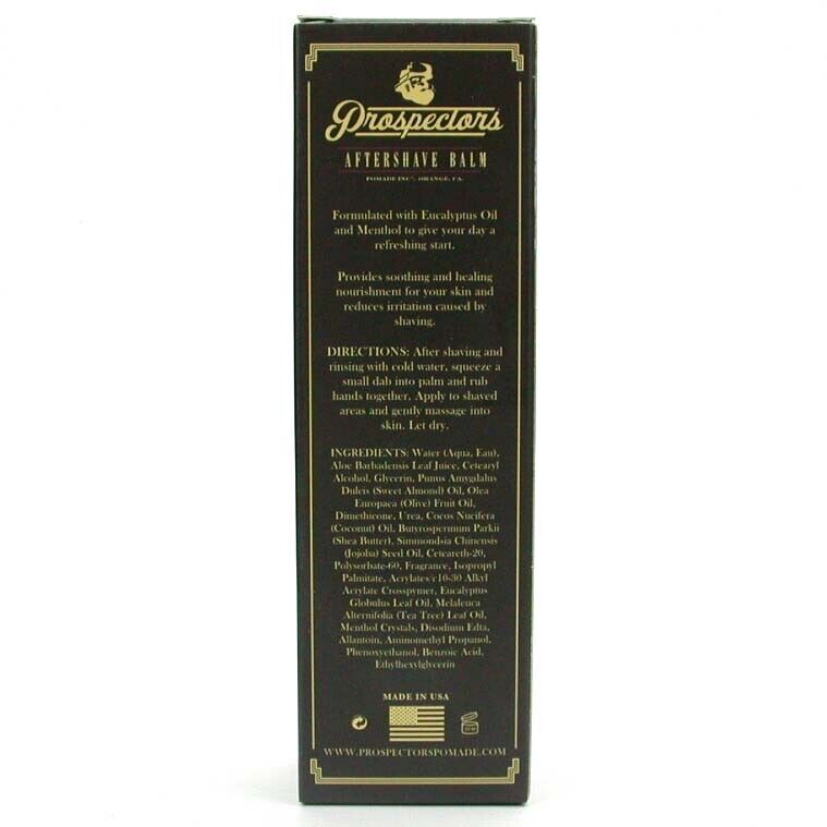 Black aftershave balm box back with directions, ingredients, and “Made in USA”