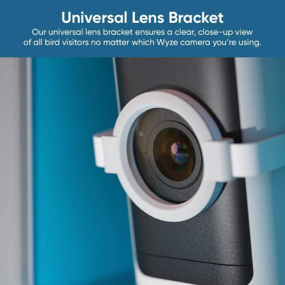 Close-up of camera lens held by the feeder's white mounting bracket