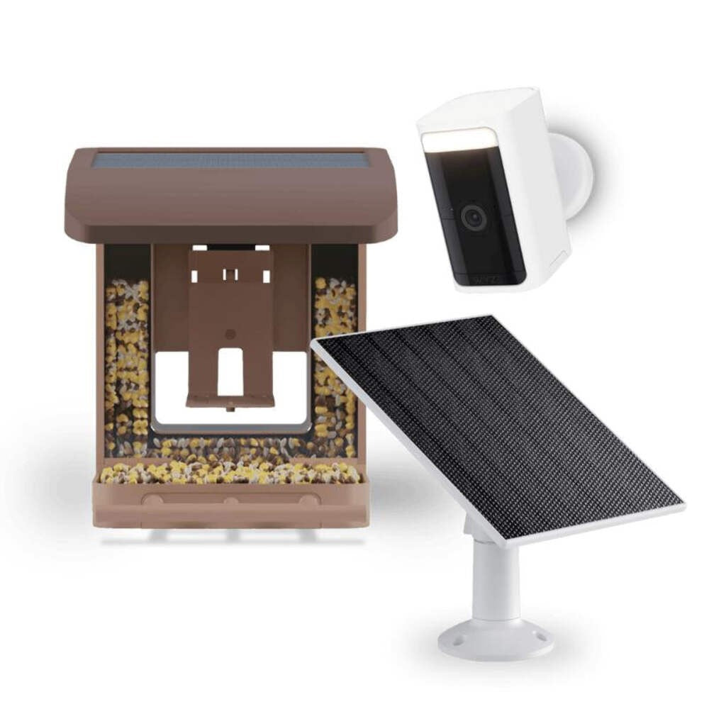 Brown bird feeder bundle with a wireless camera and solar panel