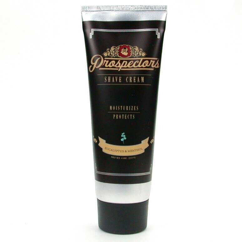Black shaving cream tube with gold Prospectors logo and “Shave Cream” text