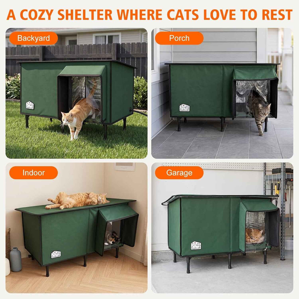 Green heated cat house with covered entrance, shown in backyard, porch, indoor, and garage settings