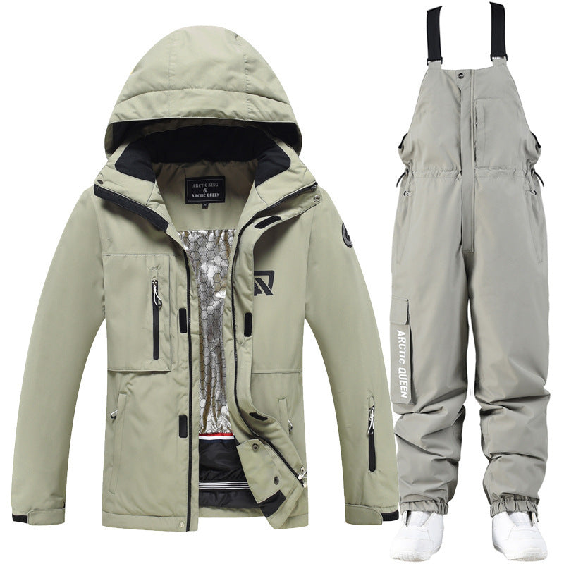 Beige winter ski suit jacket with hood and matching bib ski pants
