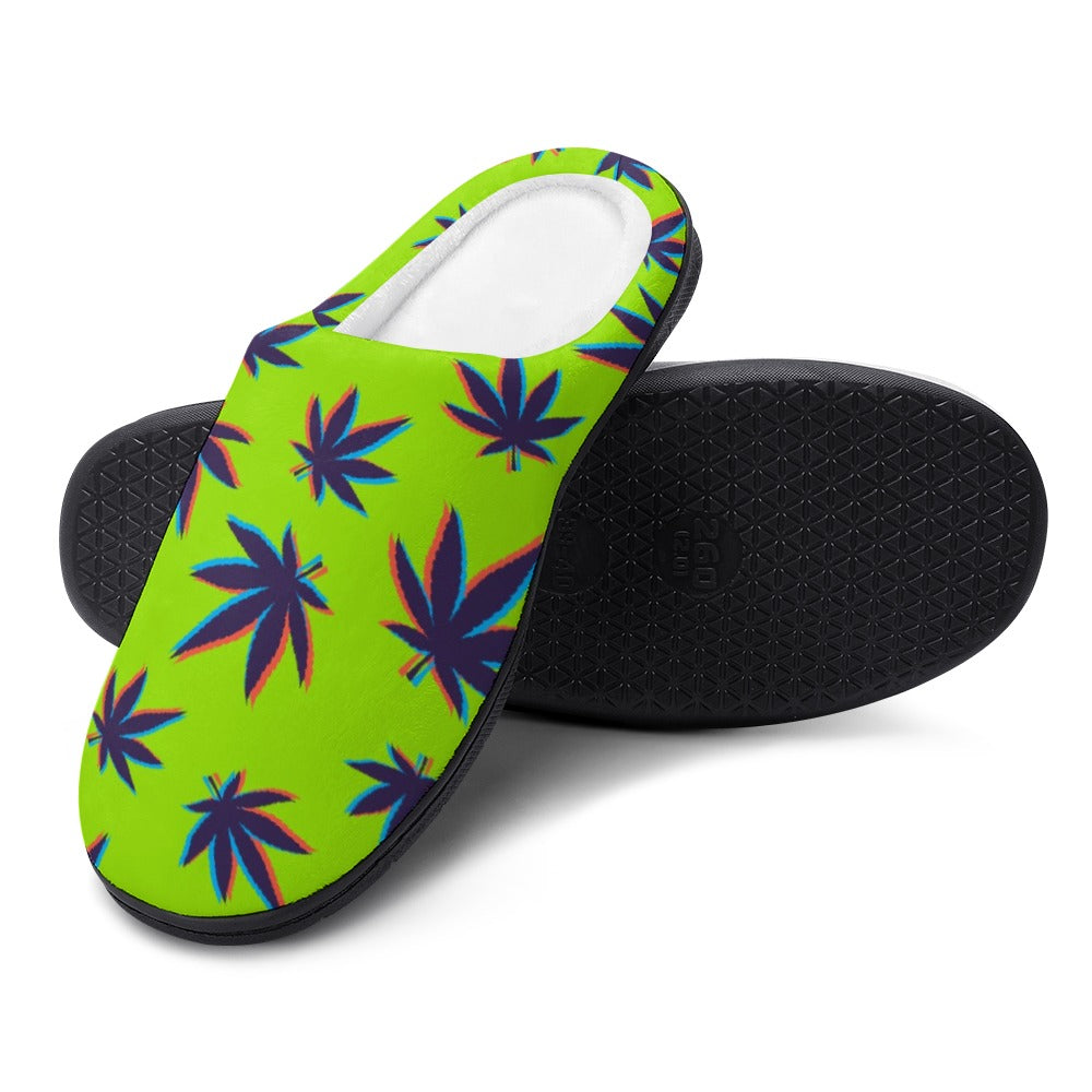Neon green slip-on slippers with colorful leaf print, open back, black textured sole