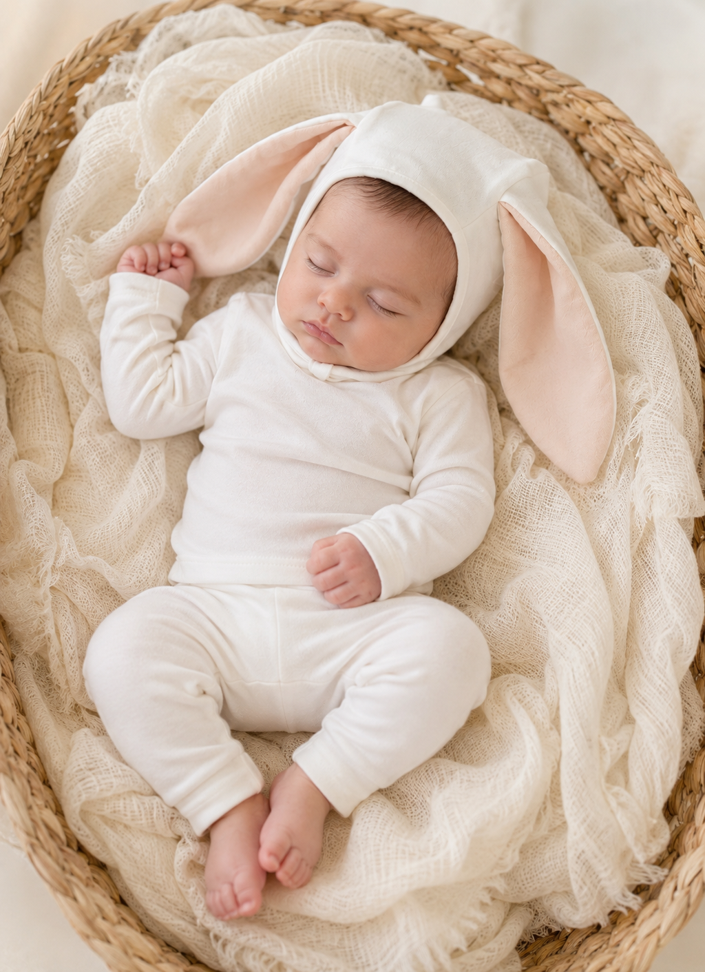 Baby ivory bunny hooded romper with long pink ear covers, sleeping in basket