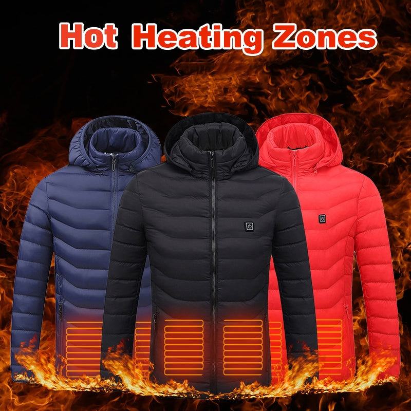 Men heated puffer jacket in navy, black, and red with hood and heated zone lines