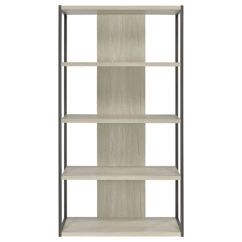 Whitewashed grey 4-shelf bookshelf front view with dark metal frame and 4 open shelves