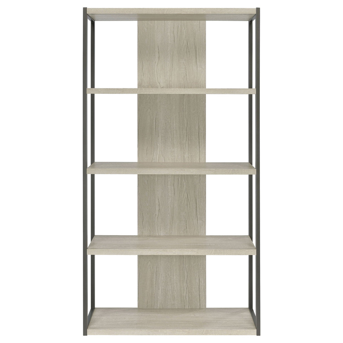 Whitewashed grey 4-shelf bookshelf front view with dark metal frame and 4 open shelves