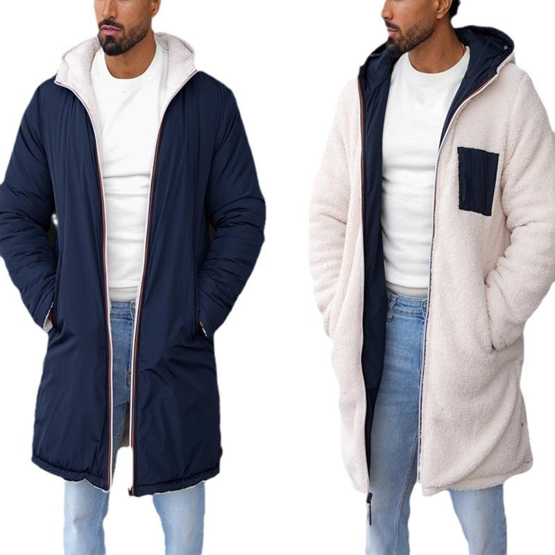 Men's reversible hooded padded coat, navy and off-white fleece sides shown