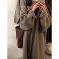 Taupe long knit cardigan sweater with relaxed fit and open front