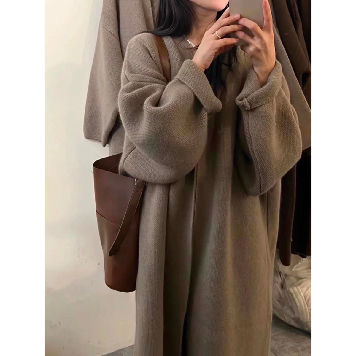 Taupe long knit cardigan sweater with relaxed fit and open front