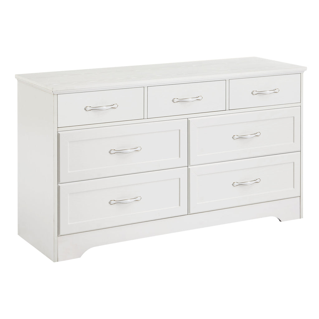 White dresser chest with multiple drawers and chrome metal bar pulls, angled front view