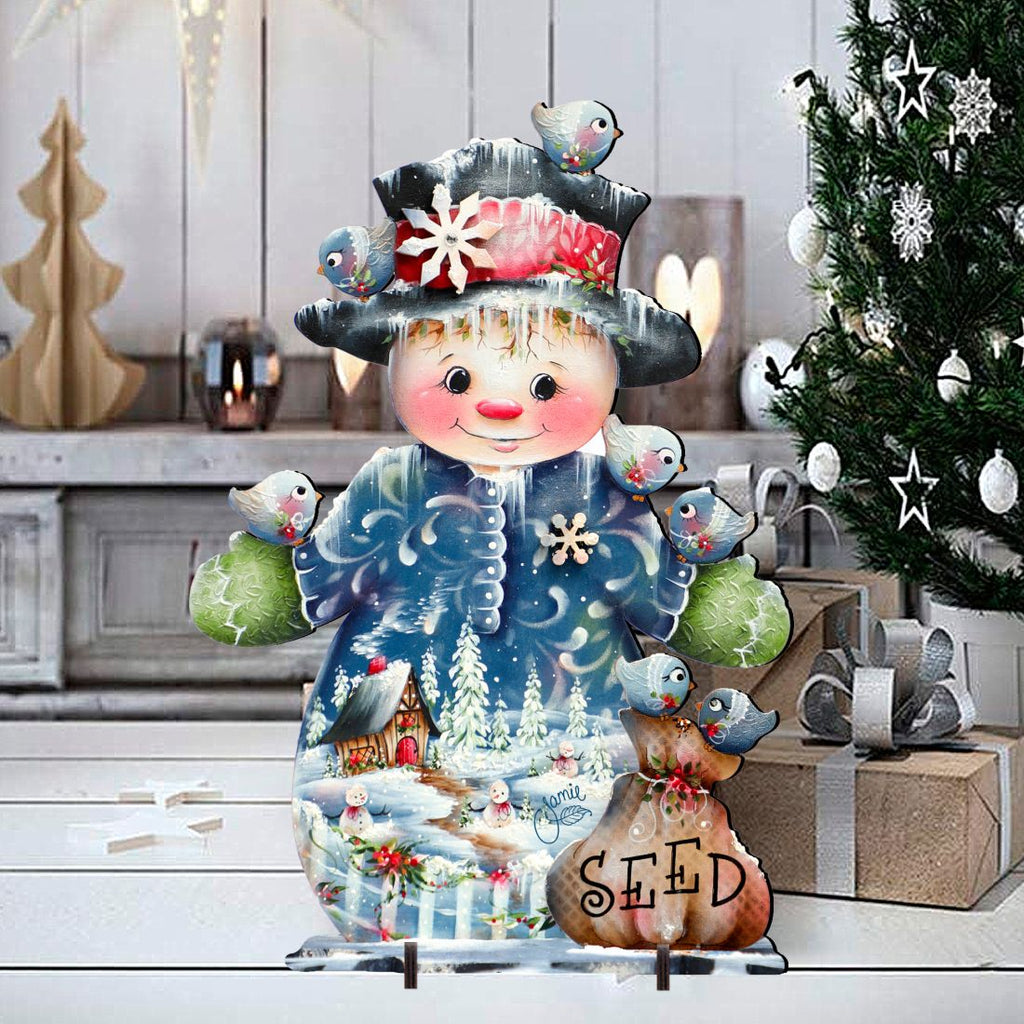 Christmas yard sign snowman with birds and 'SEED' basket, standing on a base